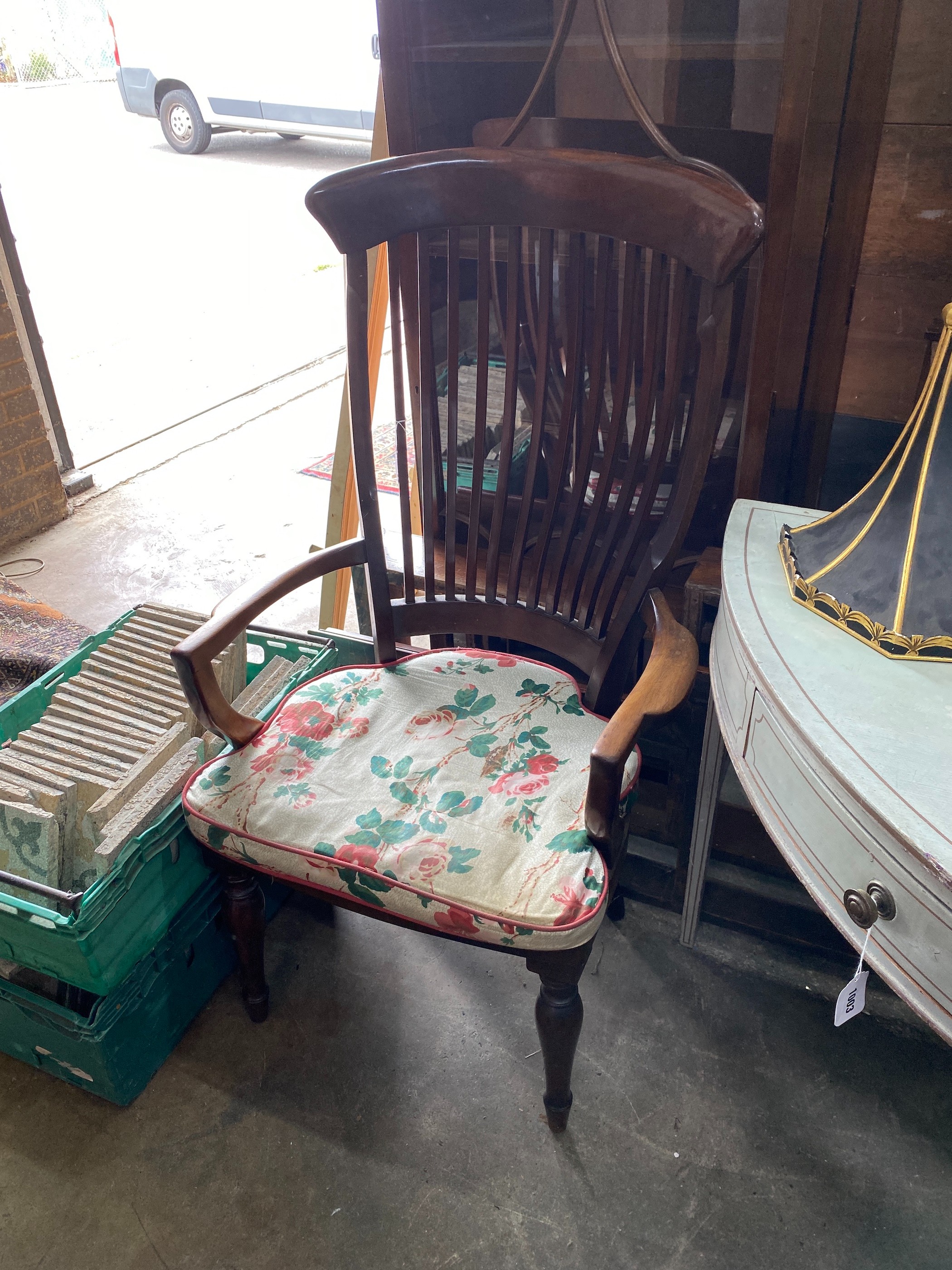 A late Victorian / Edwardian mahogany lathe back armchair with solid seat, width 63cm, depth 48cm, height 116cm